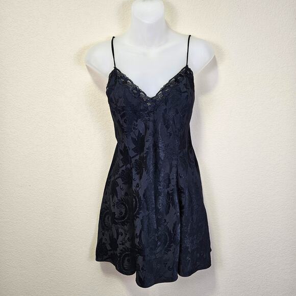 Victoria Secret Vintage Gold Label Slip Dress Women M Nightie Chemise Black Lace
